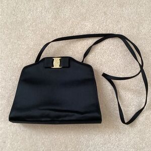 Vintage Salvatore Ferragamo Black Satin Evening Shoulder Bag Clutch Black Tie